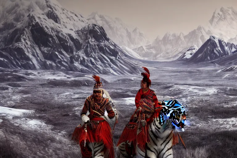 Image similar to a photo - realistic arctic landscape in wide angle, majestic snow - topped mountains in the background ( all white ), a tiger and an indian warrior woman ( intricate armor in earthern red ) in the foreground, wide angle, 1 8 mm, depth of field, foggy, moody, atmospheric