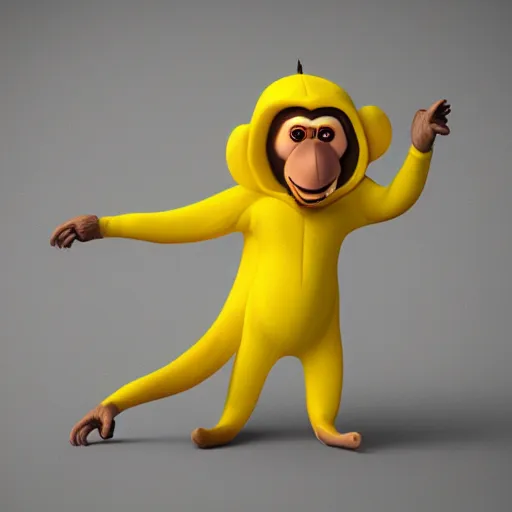 Image similar to digital art of a monkey in a banana costume, 8 k render, octane render, saturated