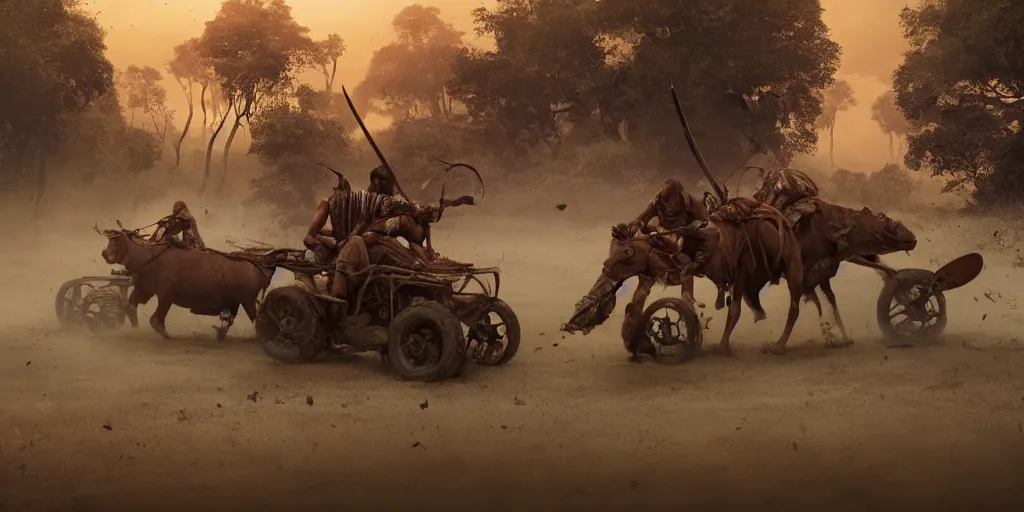 Image similar to ancient indian tribesman hunting on atv buffalo herd, wooden wheels, attacking, chase, action scene, an epic fantasy, dramatic lighting, cinematic, establishing shot, extremely high detail, photorealistic, cinematic lighting, artstation, octane render, by simon stalenhag, horizon forbidden west,old photo, high speed photography, vintage, extreme sports