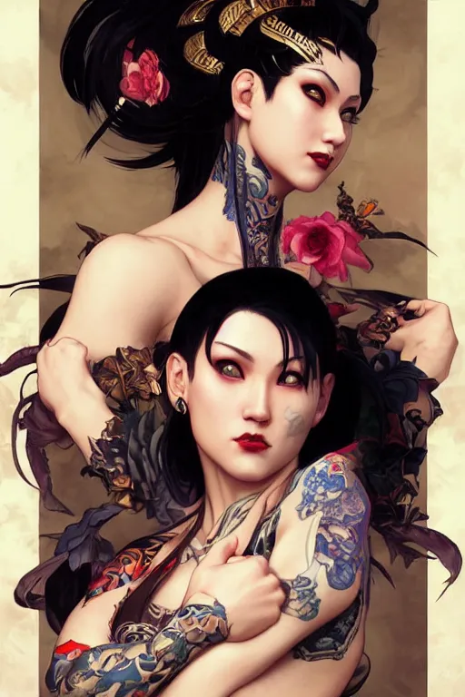 Image similar to portrait of goth Chun Li with yakuza tattoos, Street fighter, highly detailed, digital art from artstation by Ruan Jia and Mandy Jurgens, Alphonse Mucha and Artgerm and william-adolphe bouguereau