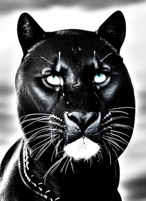 Image similar to black panther black and white portrait white sky in background