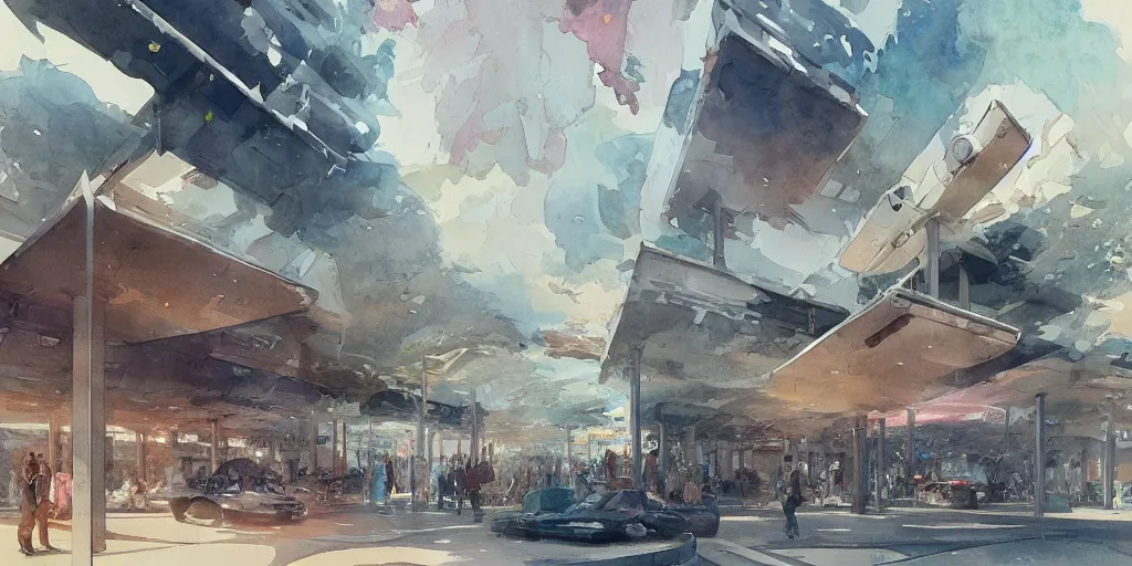 Prompt: a beautiful insanely intricate watercolor illustration of a modern parking station, colorfull, by william turner art, by greg rutkowski, by james jean, by rossdraws, by frank franzzeta, by sakimichan, by edmund dulac, trending on artstation, insanely detailed, masterpiece,