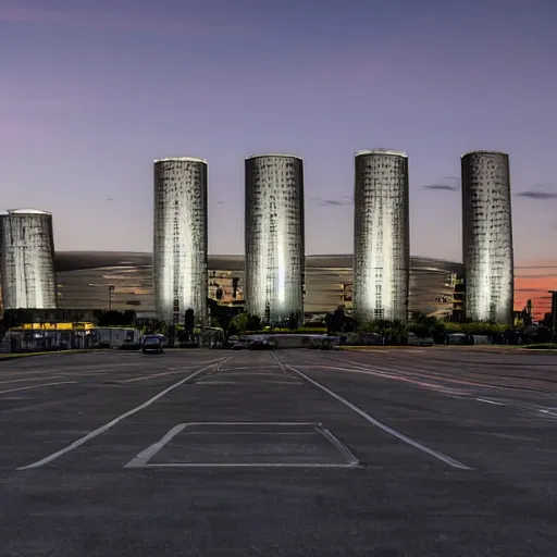 Image similar to a wide shot of a sci - fi beautiful neo - brutalist monumental multi - building structure, tall buildings with spaceship parking lots on top, with many rounded elements sprouting from the base tower creating a feel of an organic structure, photography shot at blue hour