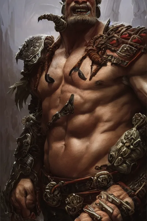 Image similar to portrait of a hulking herculean orc demon barbarian pirate, male, masculine, upper body, belt of skulls, fantasy, frown,, intricate, elegant, highly detailed, digital painting, artstation, concept art, sharp focus, illustration, art by artgerm and greg rutkowski and alphonse mucha