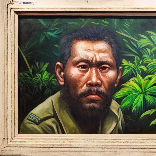 Image similar to the portrait of a communist guerrilla waiting in the dark cervices to ambush, tropical jungle warfare during the Malayan Emergency 1950, masterpiece of social realist oil painting by Chua Mia Tee, British Pathe archive, National War Museum, Nanyang Arts Equator art movement, realistic, cinematic, 8k resolution, intricate jungle. H 768
