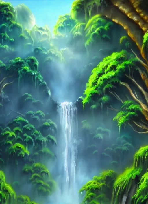 Image similar to a painting of a waterfall in the jungle, a detailed matte painting by bob ross, deviantart, fantasy art, matte painting, detailed painting, 2 d game art