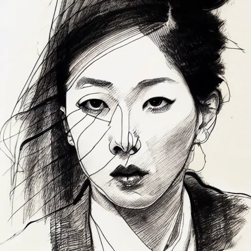 Image similar to ink drawing portrait of a woman in suit byjung gi kim, jenny saville