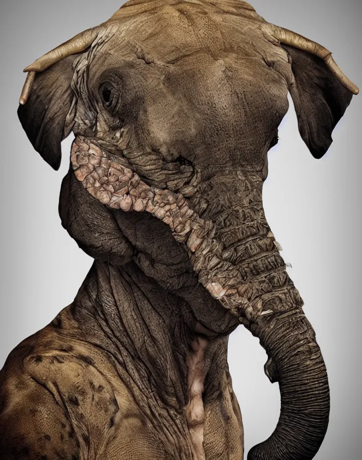 Image similar to portrait of muscular animal human merged head skin ears, large dark background, scales skin dog, cat merged elephant head cow, chicken face morphed fish head, gills, horse head animal merge, morphing dog head, animal eyes, merging crocodile head, anthropomorphic creature