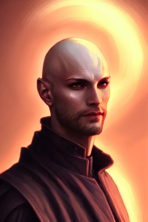 Prompt: casual male bald aasimar warlock portrait, highly detailed, digital painting, artstation, sharp focus, illustration, art by tan zi and ayanamikodon and alphonse mucha and wlop