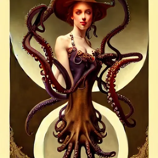 Prompt: an attractive young woman with octopus tentacle arms, working at an old west saloon serving drinks, fantasy, intricate, elegant, highly detailed, digital painting, artstation, concept art, matte, sharp focus, illustration, art by artgerm and greg rutkowski and alphonse mucha