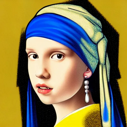 Image similar to Millie Bobby Brown with the pearl earring by Johannes Vermeer