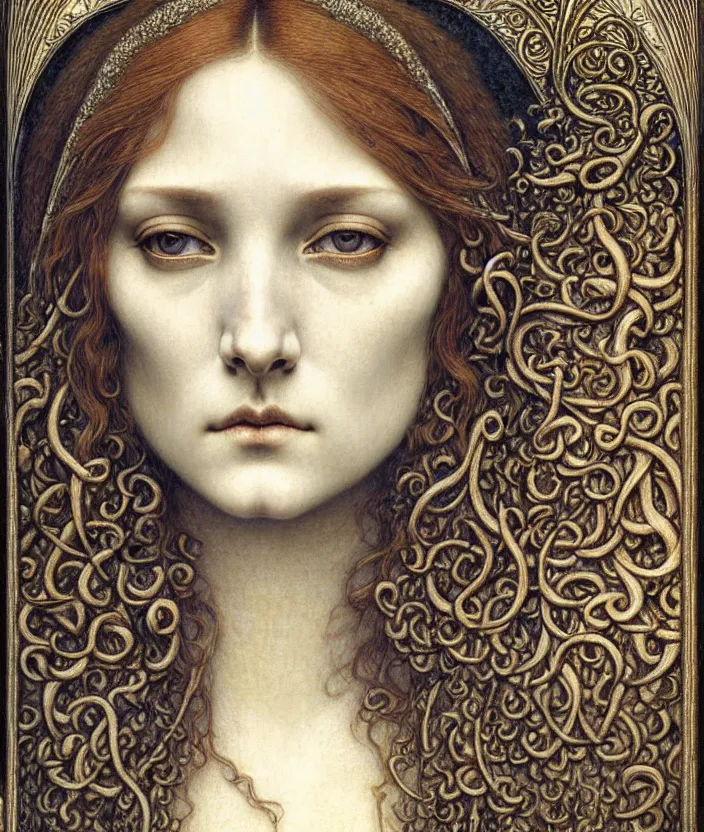 Image similar to detailed realistic beautiful young medieval queen face portrait by jean delville, gustave dore and marco mazzoni, art nouveau, symbolist, visionary, gothic, pre - raphaelite. horizontal symmetry