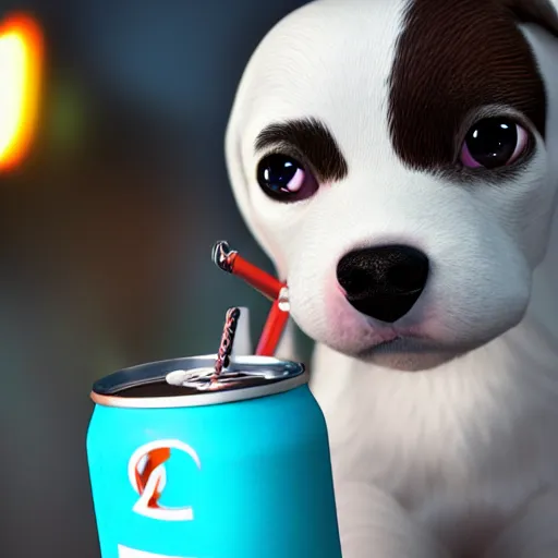 Image similar to cute puppy drinking soda, 8k, fantasy, cinematic lighting, highly detailed, digital painting, artstation, smooth, sharp focus, illustration, by Pixar