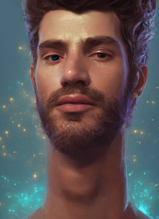 Image similar to masterpiece portrait of a cosmic man, au naturel, hyper detailed, digital art, trending in artstation, cinematic lighting, studio quality, smooth render, unreal engine 5 rendered, octane rendered, art style by klimt and nixeu and ian sprigger and wlop and krenz cushart and riot and overwatch