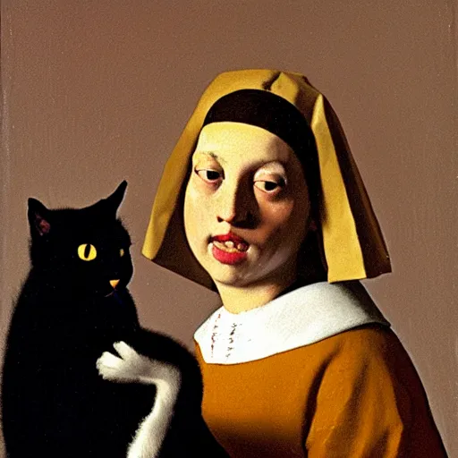 Image similar to protrait by vermeer of a lady holding a black cat