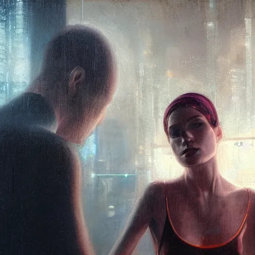 Image similar to detailed portrait of a woman, moment, cyberpunk cloisters, mosque, electronic billboards, tech noir, wet reflections, atmospheric, ambient, livia prima, greg rutkowski, edward hopper, pj crook