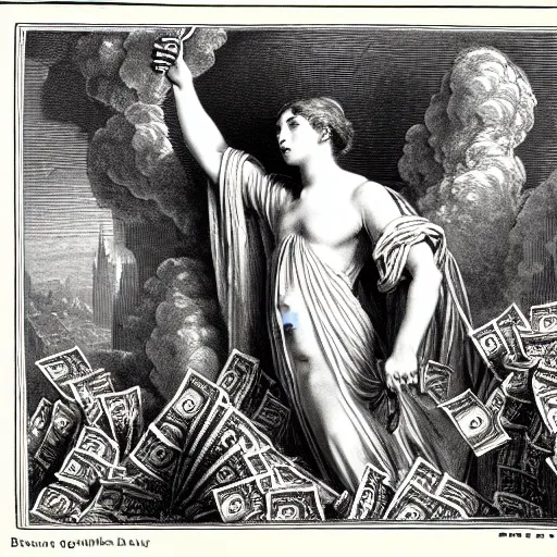 Prompt: british money ascending into heaven holding stacks of cash, biblical image, style of gustave dore, highly detailed, beautiful, high contrast, black and white