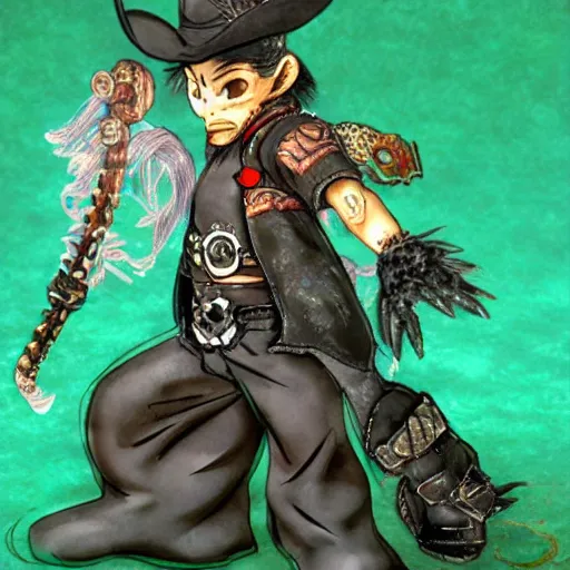 Prompt: mexican vaquero, yoshitaka amano character design