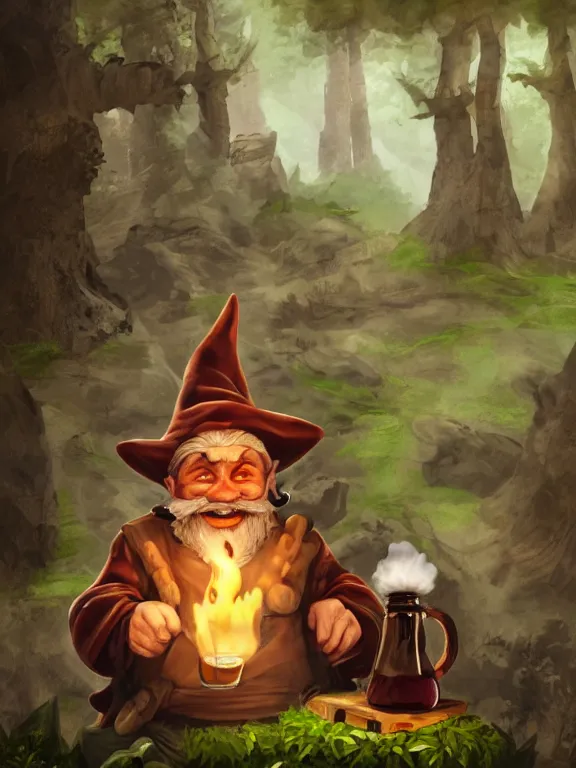 Image similar to evil alchemist gnome, brown tuffle coat, evil smile, flasks in hands, giving flasks to other gnomes, dnd, forest background, matte painting, midjourney