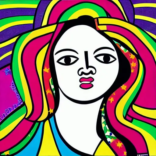 Prompt: Street art. A beautiful illustration of a young girl with long flowing hair, looking up at the stars. She appears to be dreaming or lost in thought. by Lee Krasner, by Romero Britto balmy