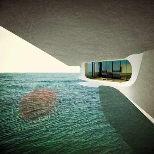 Prompt: surreal architecture concept, sea, villa, people, beach, artistic, ecology, green.