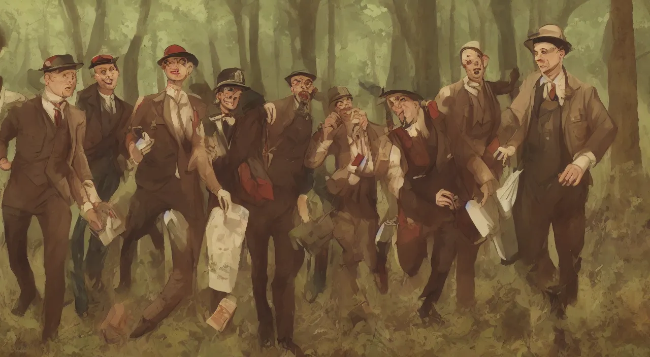 Prompt: A group of people in 1920s clothing smuggling alcohol through the woods, hiding from the law, running from the authorities, dirty and sweaty, hyperdetailed, artstation, cgsociety, 8k