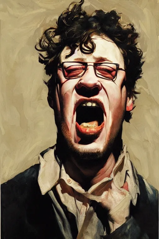 Image similar to ugly, bloated, red faced sam hyde, screaming, painting by jc leyendecker!! phil hale!, angular, brush strokes, painterly, vintage, crisp