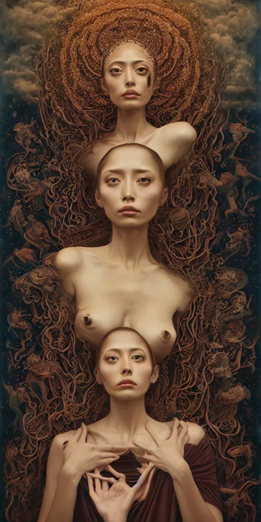 Image similar to the three fates, gemma chen, madison beer, angela sarafyan, pinup, intricate beautiful faces, surrealistic painting by agostino arrivabene, vanessa beecroft, anka zhuravleva, mary jane ansell, peter mohbacher, gerald brom