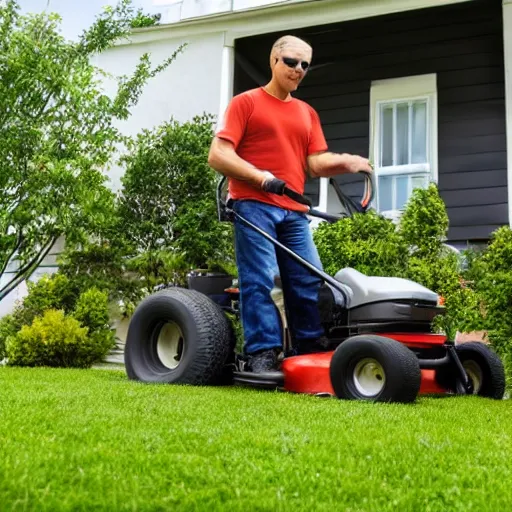 Prompt: a stock photo of a man mowing his lawn, 4 k, detailed face