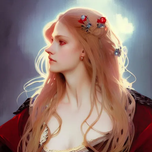 Image similar to portrait of a beautiful young fit girl vampire with long blonde hair and blue eyes, wearing a skirt, by greg rutkowski and alphonse mucha, d & d character, gradient white to red, modern nocturnal background, highly detailed portrait, digital painting, artstation, concept art, smooth, sharp focus ilustration, artstation hq