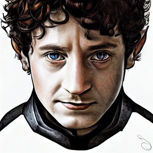 Prompt: frodo baggins as iron man, detailed face portrait, symetry!!