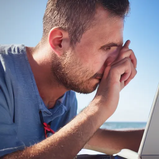 Image similar to man working on laptop at sunny beach, by ilya kuvshinnikov, perfect face, fine details