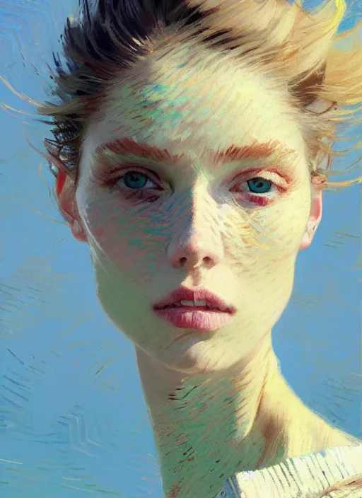 Image similar to portrait of a beautiful girl, sea dunes backdrop, sad, pastel shades of light blue and light yellow, beautiful face, rule of thirds, intricate outfit, spotlight, by greg rutkowski, by jeremy mann, by francoise nielly, by van gogh, digital painting