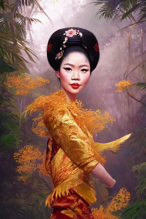 Image similar to stunningly beautiful, indonesian geisha dancer in jungle, symmetrical face, golden hour, smooth, focus, highly detailed, hyper realistic, dramatic lighting, elegant, intricate, concept art, art by wlop, mars ravelo, greg rutowski, artstation