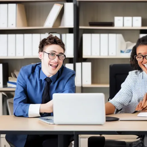 Prompt: young office workers not doing any work on computers and laughing