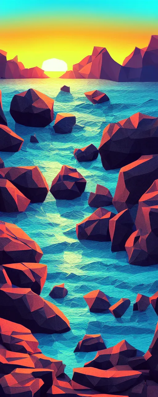 Image similar to super detailed color lowpoly art, northern sunset with rocks on front, monochrome photorealistic bay in the middle of perspective and mountains at background, big graphic ship in the middle of composition, unreal engine, high contrast color palette, 3 d render, lowpoly, colorful, digital art, perspective, robb cobb