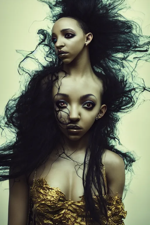 Image similar to photoshoot of tinashe as mysterious dark goddess of death, realism, clouds, swirling energy, torn fabric, elaborate ornate growth, gilded relief, volumetric lighting, light shafts, ambient light, trending on artstation, by alessio albi