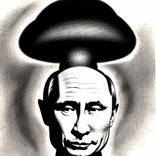 Prompt: vladimir putin wearing a nuclear mushroom cloud blast for a hat, cartoonish, ultra detailed pencil drawing, full perspective