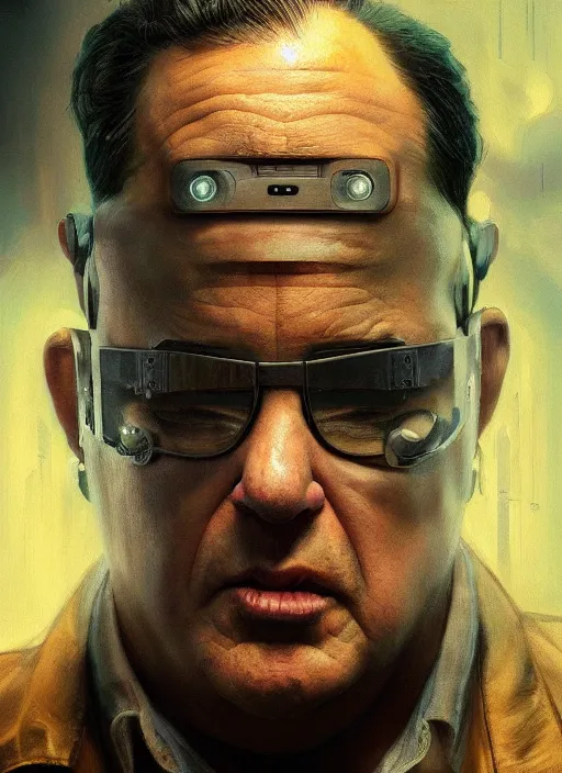 Image similar to ultra realistic medium shot of danny de vito how a cyborg cyberpunk, sci - fi, kodak, faces, colour led, soft light, volumetric lighting, fog, rays, night, intricate detailed, digital painting, concept art, smooth, sharp focus, illustration, art by artgerm and greg rutkowski and alphonse mucha