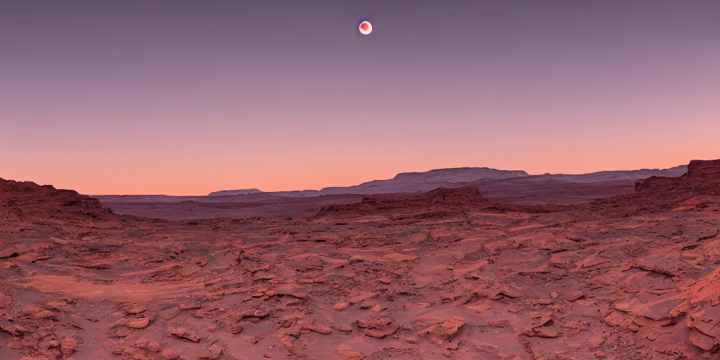 Image similar to a view looking out of a cave of a dried up river bend running through a canyon surrounded by desert mountains at sunset on mars, purple sky, two moons, planet mars, moab, utah, a tilt shift photo by frederic church, trending on unsplash, hudson river school, photo taken with provia, national geographic photo