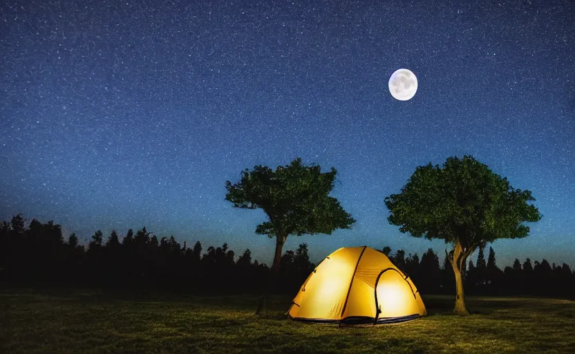 Prompt: night timelapse photography of a tent with a tree with the moon in the sky