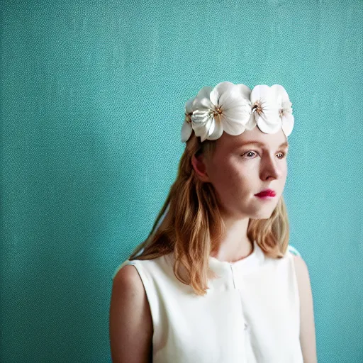 Image similar to a photograph of beautiful nordic woman wearing a white folkdrakt dress, she has a summer flower headband. against a teal studio backdrop. medium close - up. strong kodak portra 4 0 0 film look. film grain.