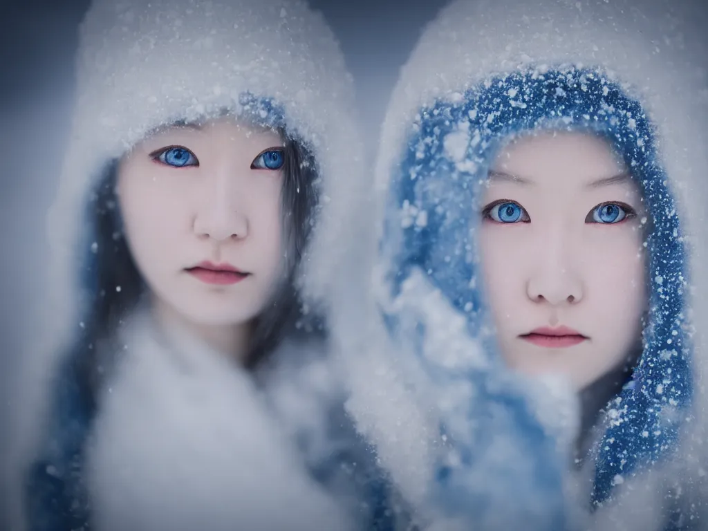 Prompt: the piercing blue eyed stare of yuki onna, snowstorm, blizzard, mountain snow, canon eos r 6, bokeh, outline glow, asymmetric unnatural beauty, gentle smile, blue skin, centered, rule of thirds