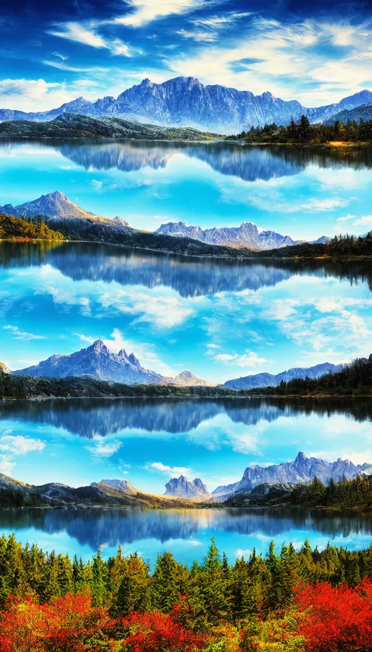 Prompt: highly detailed realistic photo of calm lake, sunlit mountains in background, vibrant cool colors, award winning masterpiece photo, hyper realistic, concept art, 8 k detail post - processing