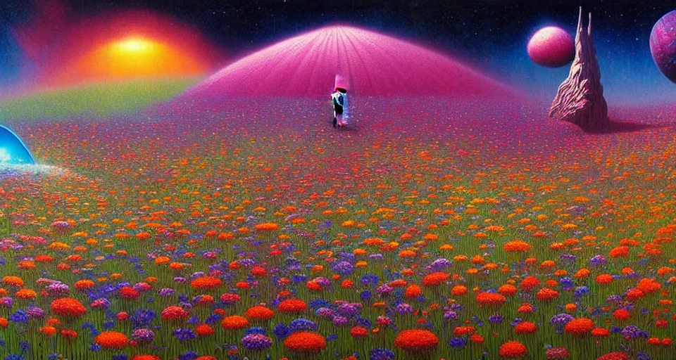 Image similar to a beautiful up close view of a 3 d mystical alien shrine in a field of multicolored colored flowers, underneath a star filled night sky, harold newton, zdzislaw beksinski, donato giancola, warm coloured, gigantic pillars and flowers, maschinen krieger, beeple, star trek, star wars, ilm, atmospheric perspective