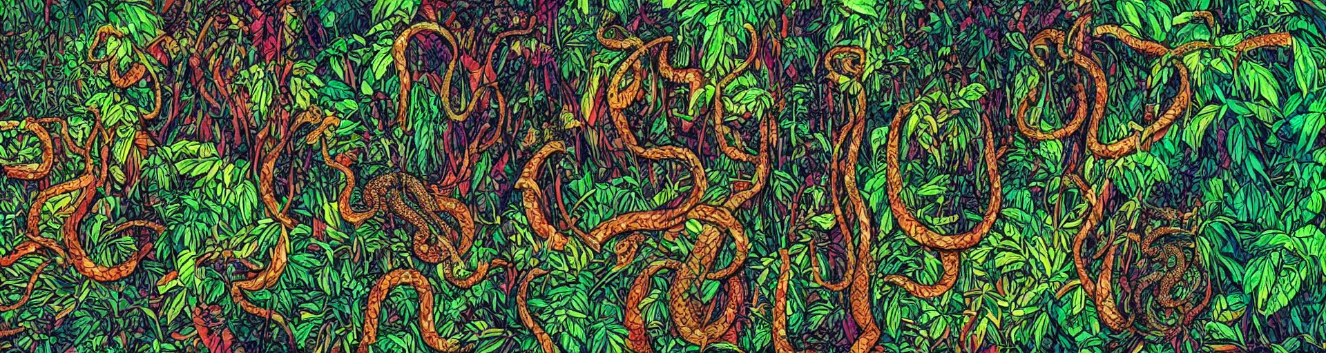 Prompt: a snake in the jungle seen through the psychedelics effects from ayahuasca