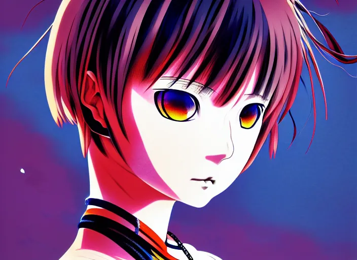 Image similar to editorial illustration colorful anime portrait of shiina ringo, murata range, last exile, yoh yoshinari, studio trigger, anime, manga, ilya kuvshinov, fine texture, realistic shading, fine details, matte colors, dramatic lighting, dynamic composition, moody, vivid, volumetric, stippled lighting, cinematic