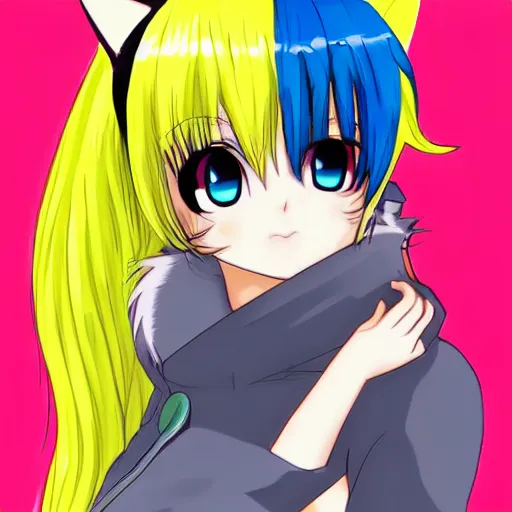 Prompt: anime cat girl with yellow hair and blue eyes