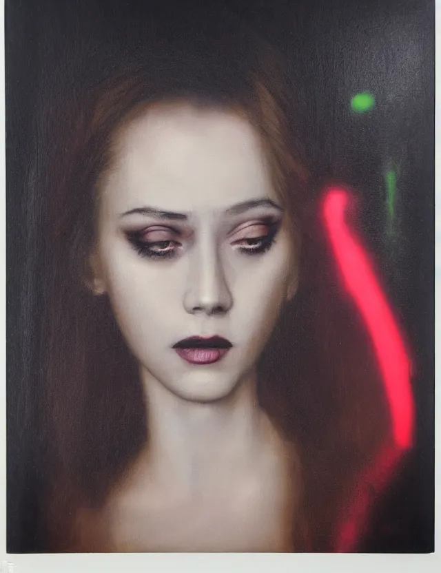 Image similar to portrait girl with smokey eyes makeup in motel, redshift, wide high angle coloured polaroid photograph with flash, kodak film, hyper real, stunning moody cinematography, with anamorphic lenses, by maripol, fallen angels by wong kar - wai, style of suspiria and neon demon and children from bahnhof zoo, detailed, oil on canvas in style of simplified realism