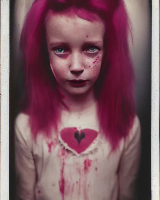 Image similar to an instant photo of a beautiful but sinister, smiling girl in layers of fear, with haunted eyes and pink hair, 1 9 7 0 s, seventies, delicate embellishments, a little blood, crimson, painterly, offset printing technique, mary jane ansell